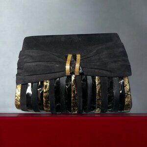 Bycks Evening Bag Black Velvet Clutch Gold Striped Front Bow Shoulder VTG 80s